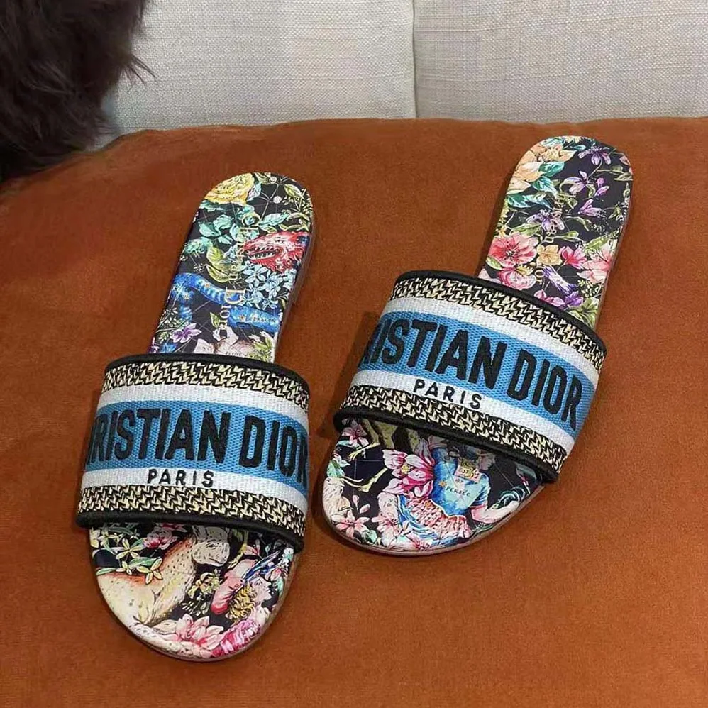 Dior Dway Slide Black Multicolor Embroidered Cotton with D for Women in Constellation Motif