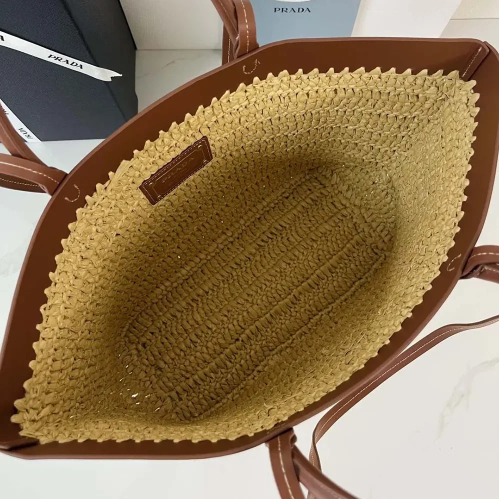 Prada Medium Crochet and Leather Tote Bag for Women in Brown Prada Medium Crochet and Leather Tote Bag for Women in Brown