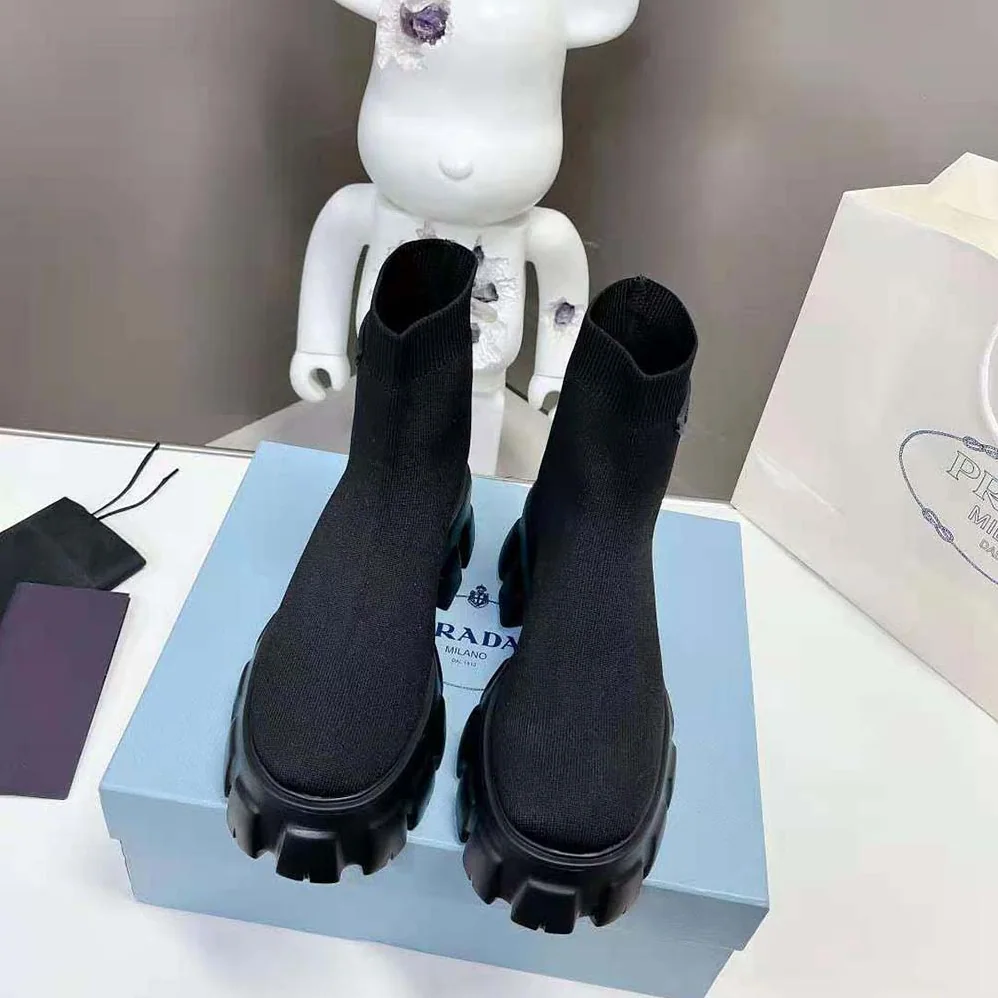 Prada Monolith Knit Booties with Embossed Rubber Triangle Logo for Women Prada Monolith Knit Booties with Embossed Rubber Triangle Logo for Women