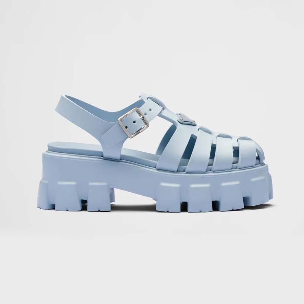 Prada Foam Rubber Sandals with Enameled Metal Triangle Logo for Women in Blue Prada Foam Rubber Sandals with Enameled Metal Triangle Logo for Women in Blue