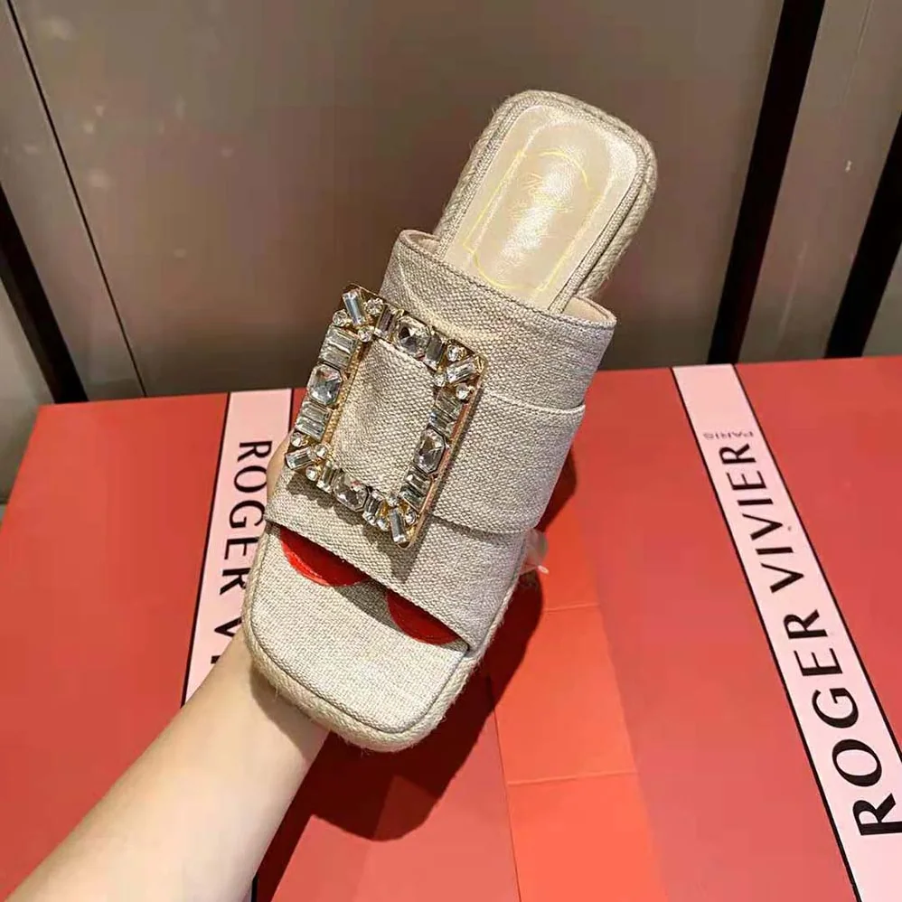 Roger Vivier Strass Buckle Espadrille Platform Mules in Fabrics for Women Roger Vivier Strass Buckle Espadrille Platform Mules in Fabrics for Women