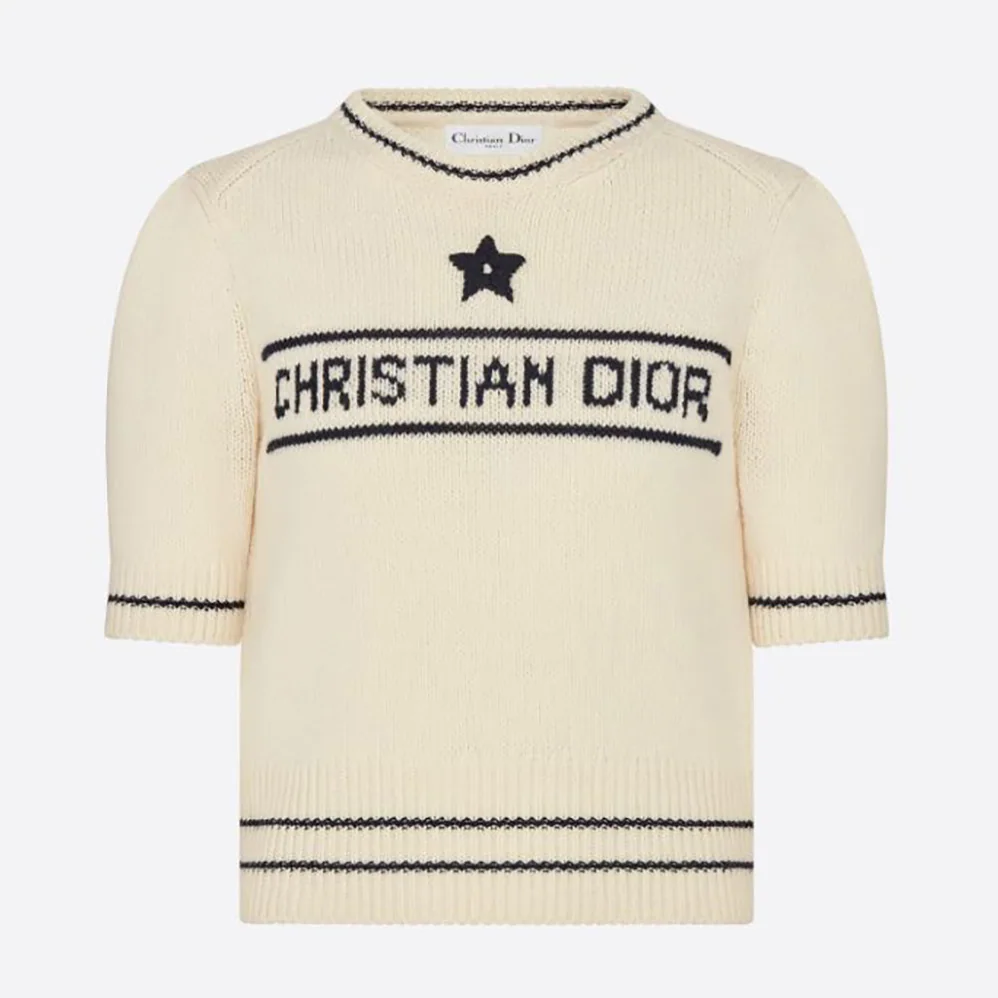 Dior Christian Dior Short-Sleeved Sweater Ecru Cashmere and Wool Knit for Women