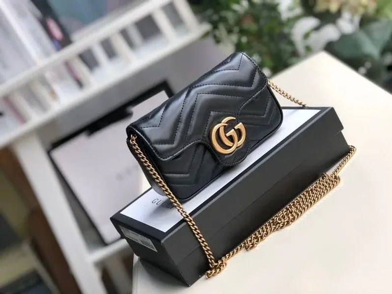 Gucci Marmont Matelassé Super Mini Shoulder Bag in Dusty Black ChevronGold Hardware