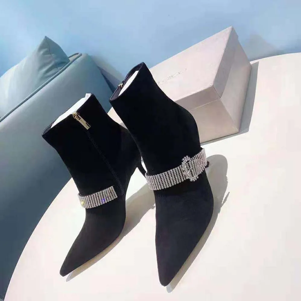 Jimmy Choo Kaza 90 Black Suede Shoe Booties with Crystal for Women in Embellished Strap