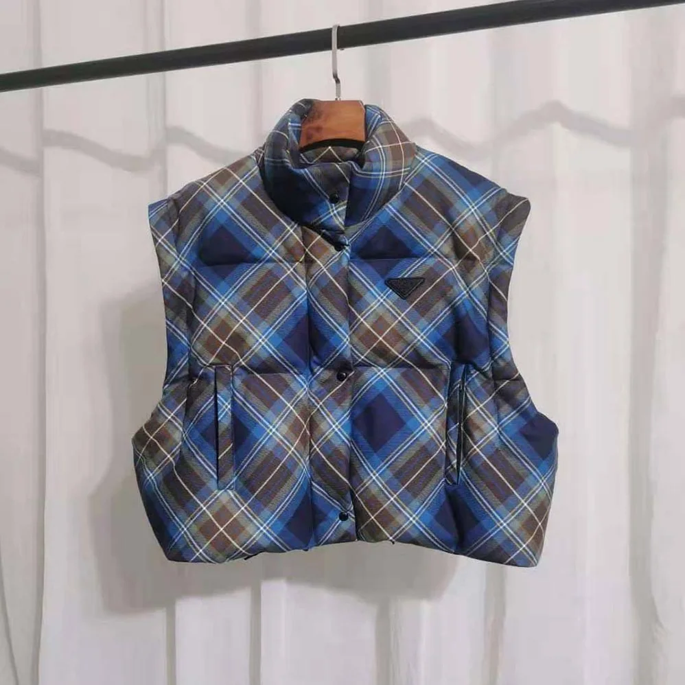 Prada Cropped Plaid Puffer Jacket for Women in Blue