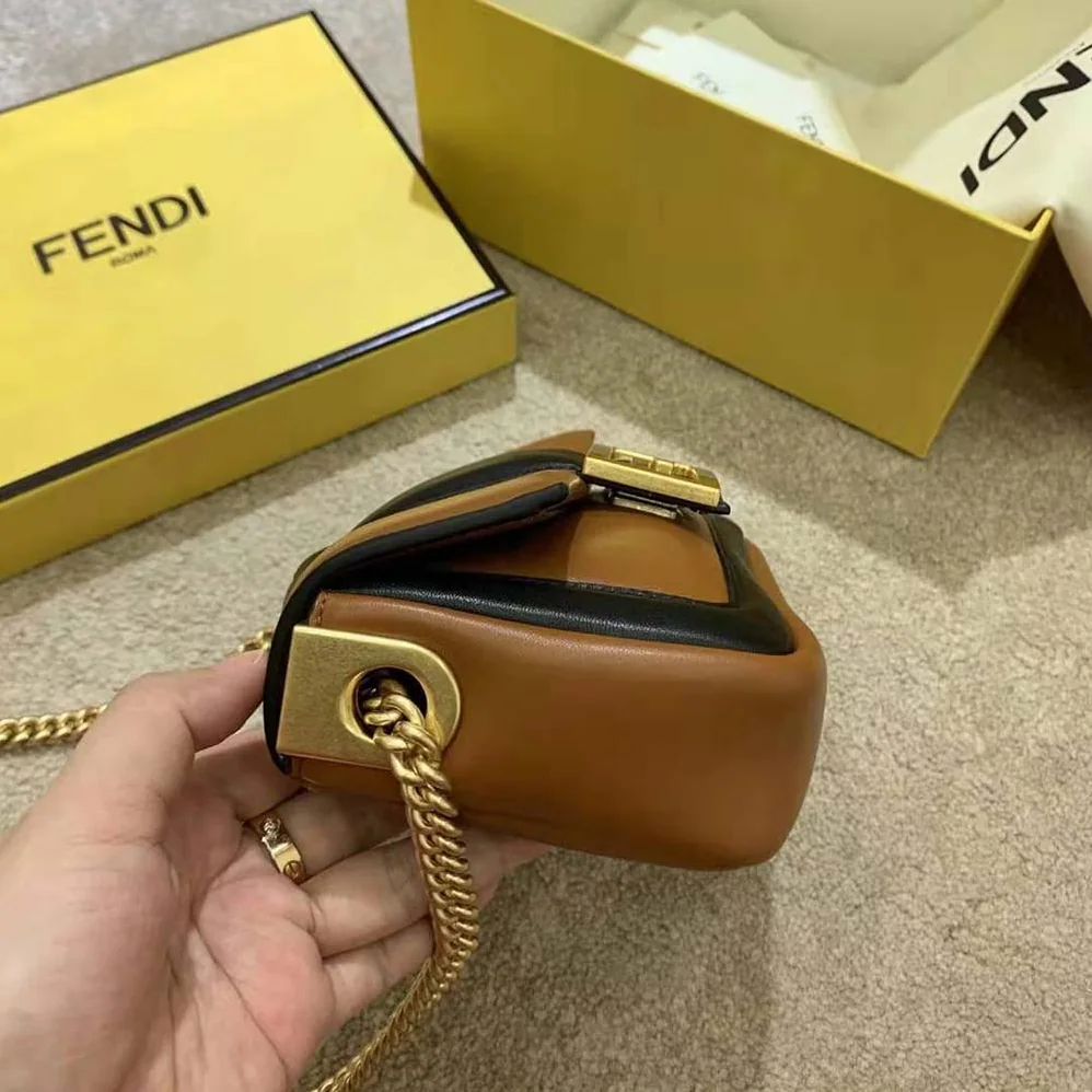 Fendi Mini Baguette Chain Brown and Black Nappa Leather Bag for Women
