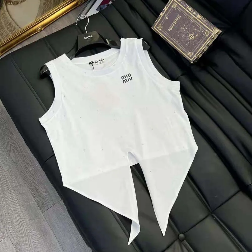 Miu Miu Cotton Top with Crystals with Embroidered Logo for Women in White Miu Miu Cotton Top with Crystals with Embroidered Logo for Women in White