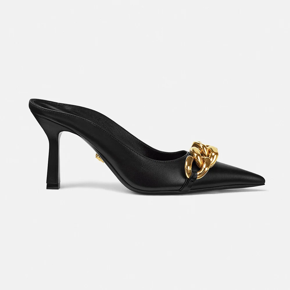 Versace Medusa Chain Nappa Leather Mules for Women in Black Versace Medusa Chain Nappa Leather Mules for Women in Black
