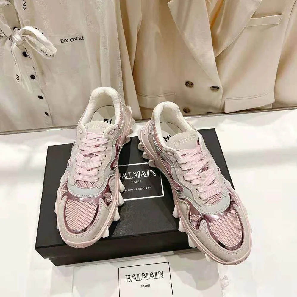 Balmain B-East Trainer in Leather Suede and Mesh for Women in Pink Balmain B-East Trainer in Leather Suede and Mesh for Women in Pink