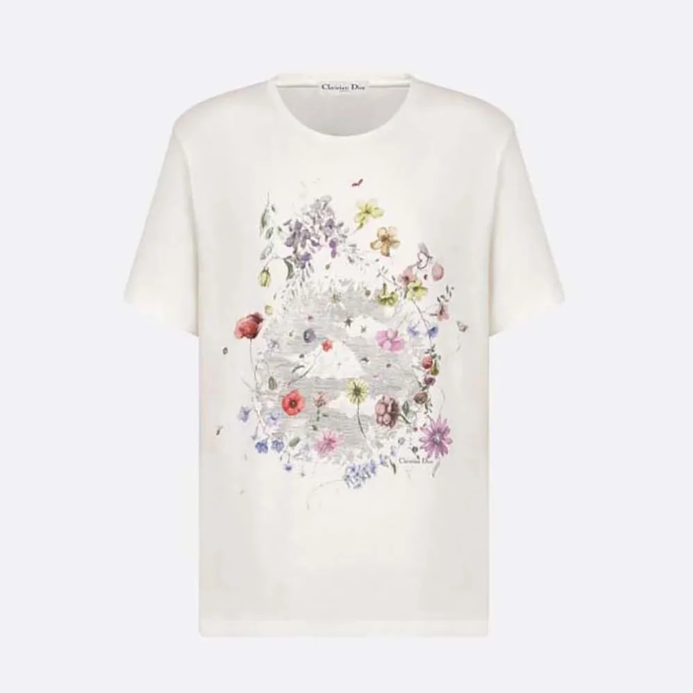 Dior T-shirt White Cotton and Linen Jersey with Red Multicolor Florilegio Motif for Women