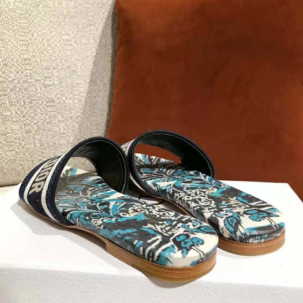 Dior Dway Slide Indigo Blue Dior Palms Embroidered Cotton for Women Dior Dway Slide Indigo Blue Dior Palms Embroidered Cotton for Women