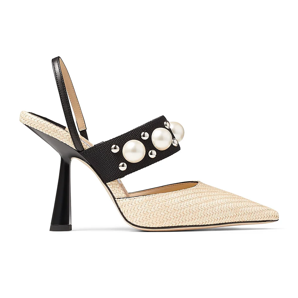 Jimmy Choo Breslin 100 Natural Raffia Slingbacks with Pearl and Stud Embellishment for Women