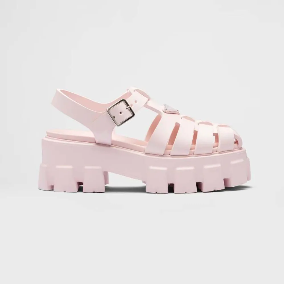 Prada Foam Rubber Sandals with Enameled Metal Triangle Logo for Women in Pink