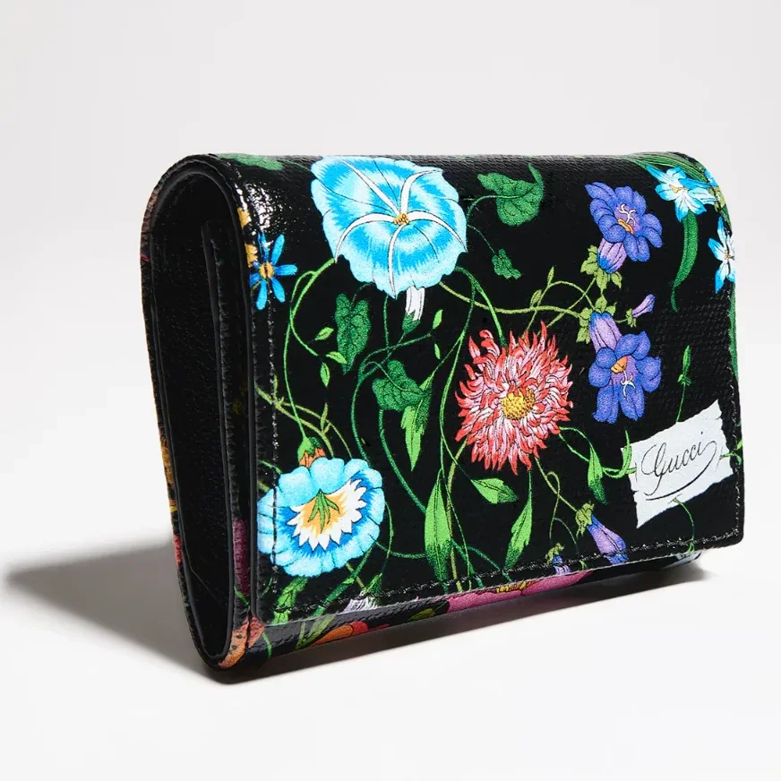 Gucci Flora Motif Bi Fold Card Case / Black in Multicolor Palladium Hardware