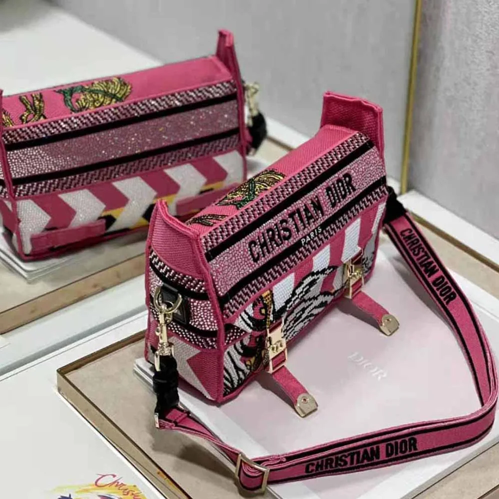 Dior Small Diorcamp Bag Pink Multicolor Toile de Jouy Zoom Technical Canvas with Strass for Women