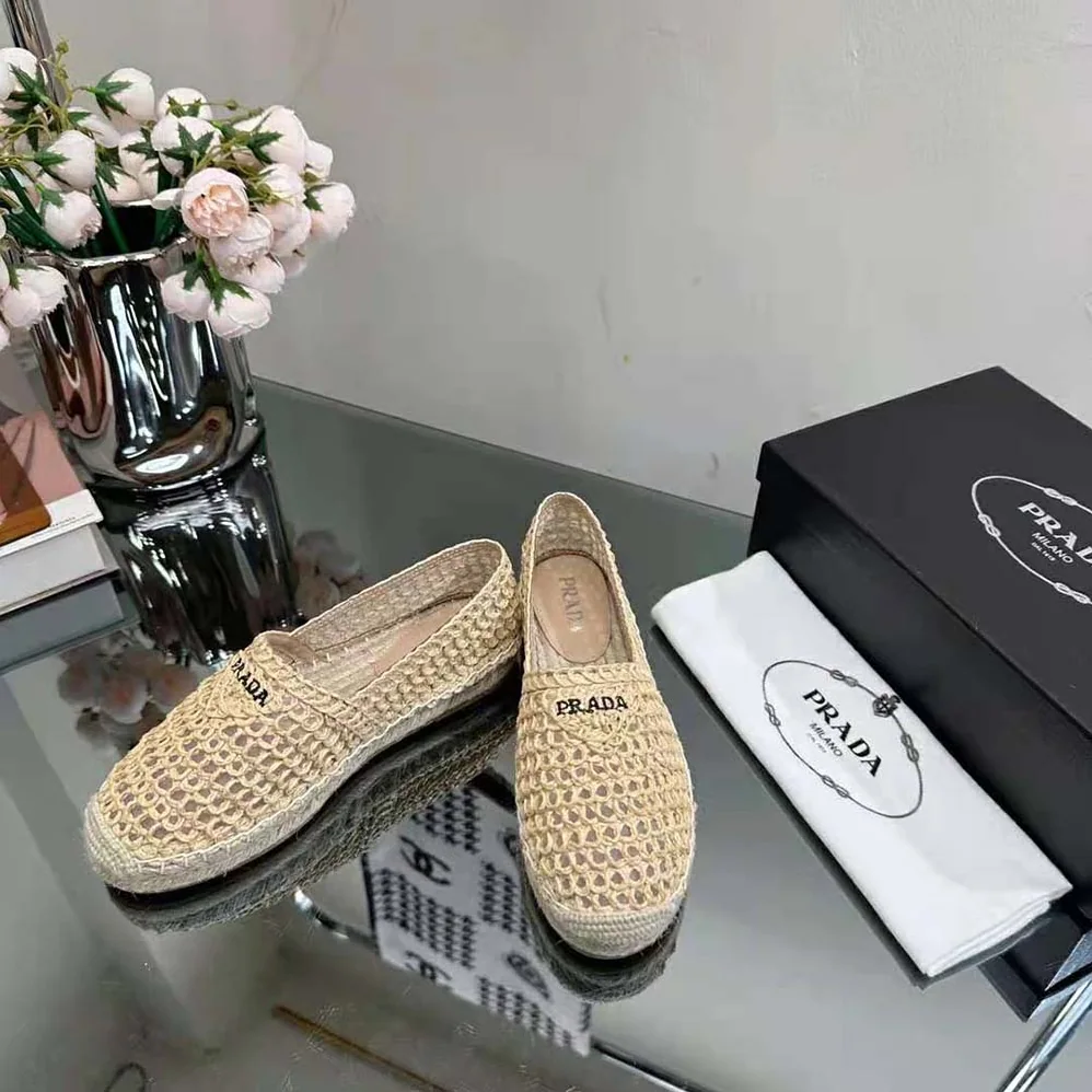 Prada Crochet Espadrilles with Embroidered Logo for Women in Beige