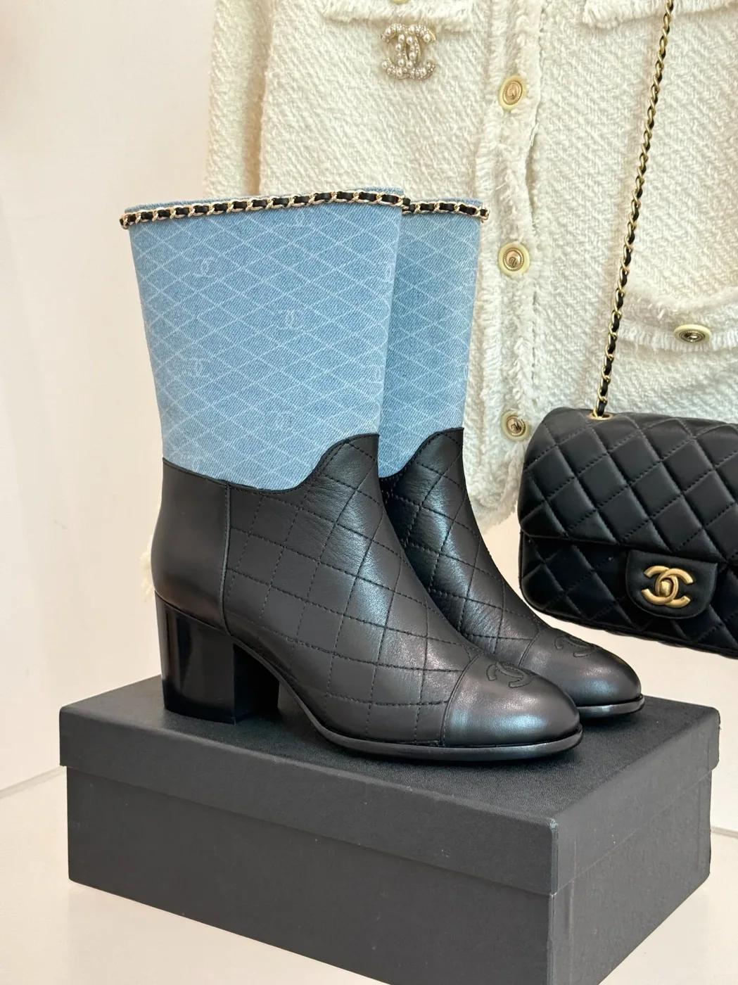 Chanel Double C Chunky Heel Boots With Chain Detail Light Blue Denim