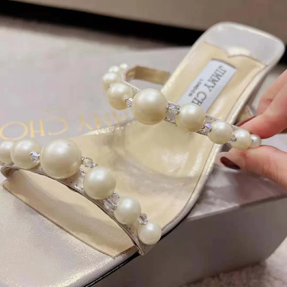 Jimmy Choo Amara 45 Champagne Shimmer Suede Mules with Pearl Embellishment for Women Jimmy Choo Amara 45 Champagne Shimmer Suede Mules with Pearl Embellishment for Women