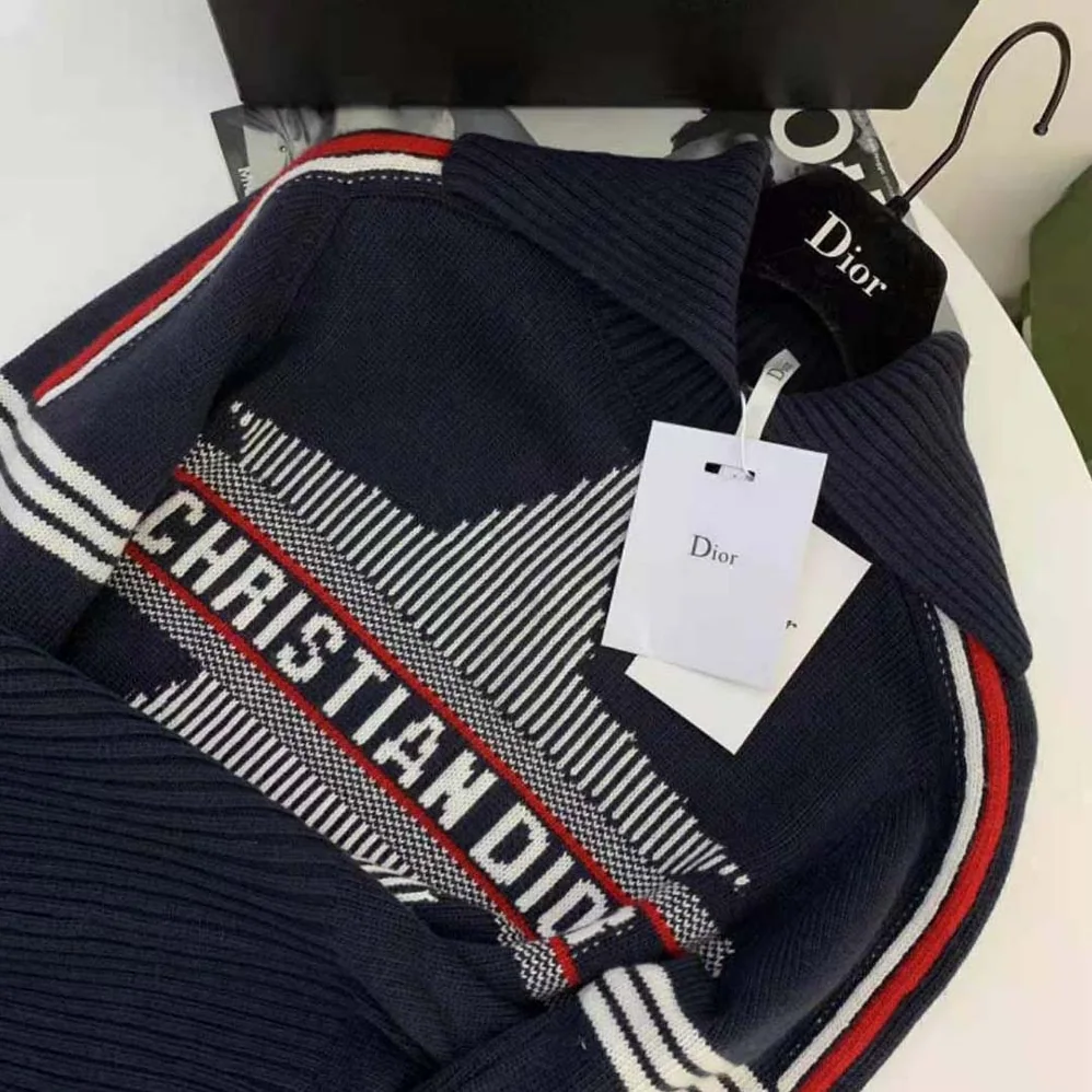 Dior Dioralps Stand Collar Sweater Blue Three-Tone Dior Star Wool and Cashmere Knit for Women