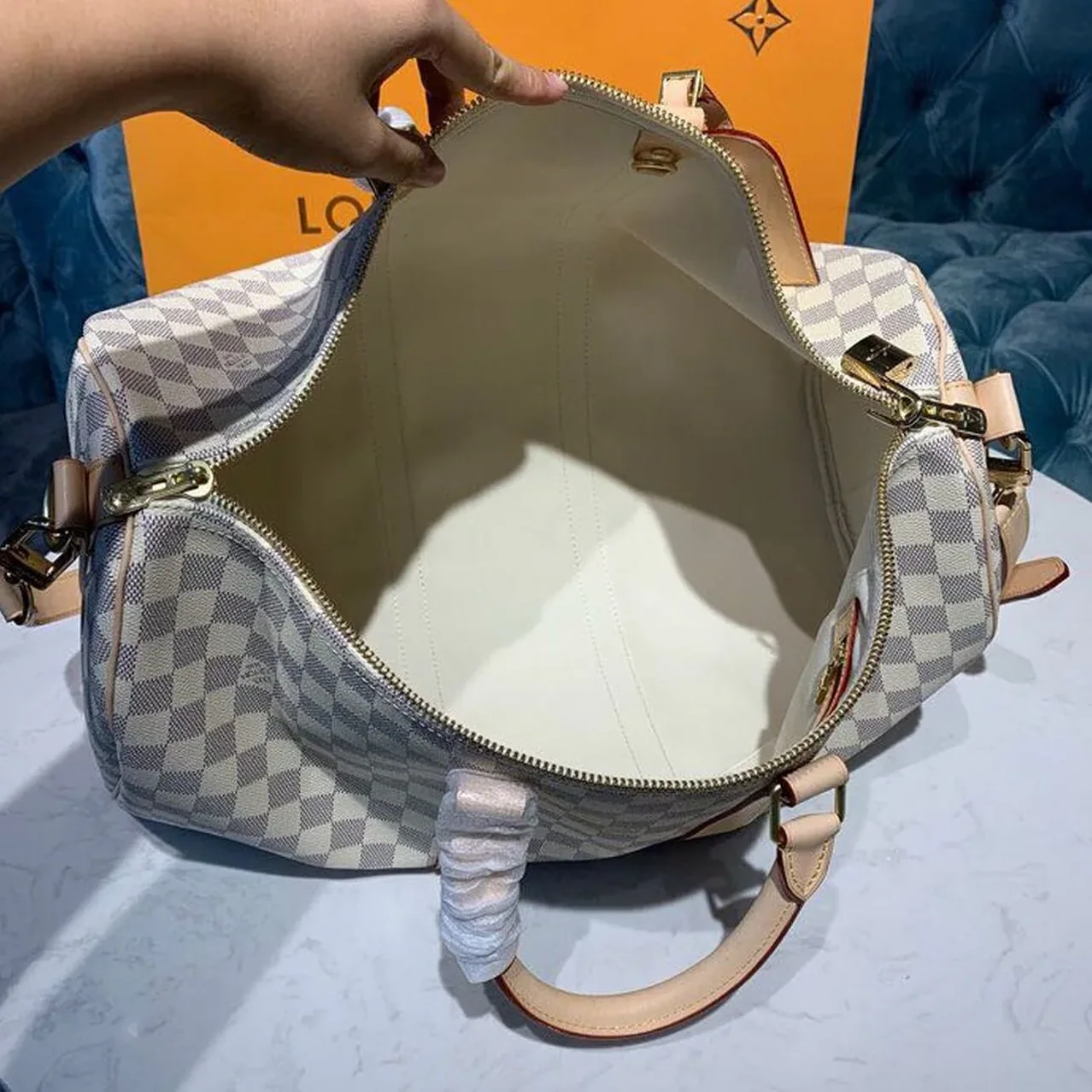 Louis Vuitton Keepall Bandouliere 45 Travel Bag in Damier Azur Gold Hardware Louis Vuitton Keepall Bandouliere 45 Travel Bag in Damier Azur Gold Hardware