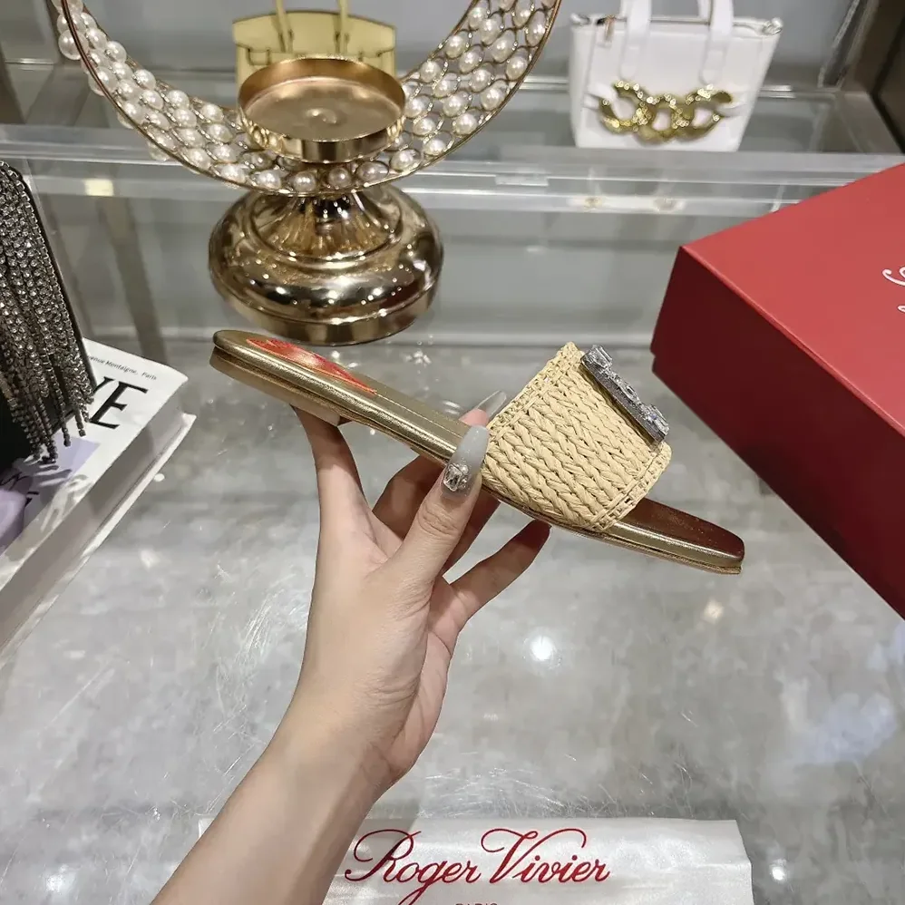 Roger Vivier Strass Buckle Slides in Raffia for Women