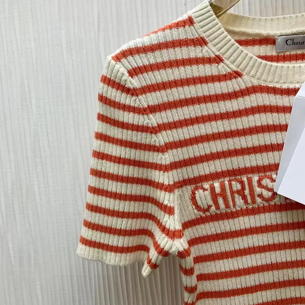 Dior Dioriviera Short-Sleeved Sweater White and Candy Pink Cotton Ribbed Knit for Women Dior Dioriviera Short-Sleeved Sweater White and Candy Pink Cotton Ribbed Knit for Women