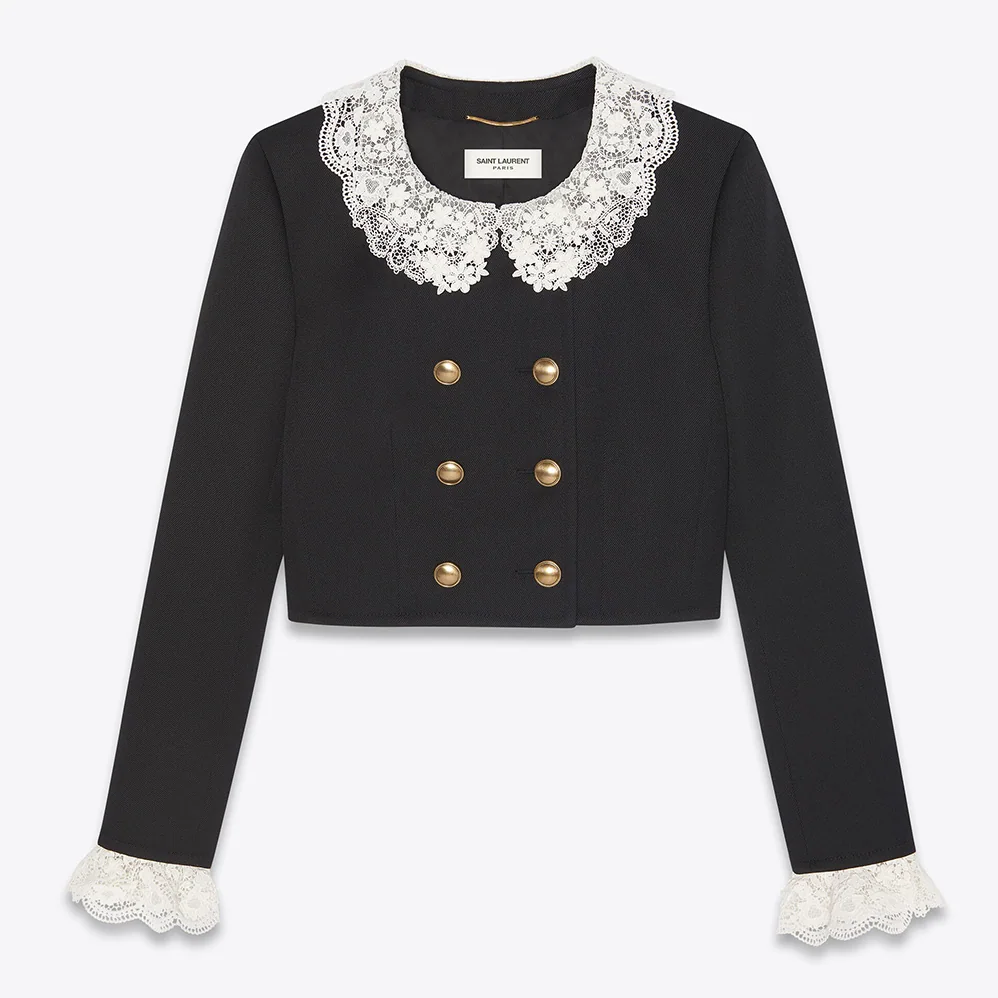 Saint Laurent YSL Short Jacket in Wool Twill with Floral Lace Embroidery for Women Saint Laurent YSL Short Jacket in Wool Twill with Floral Lace Embroidery for Women