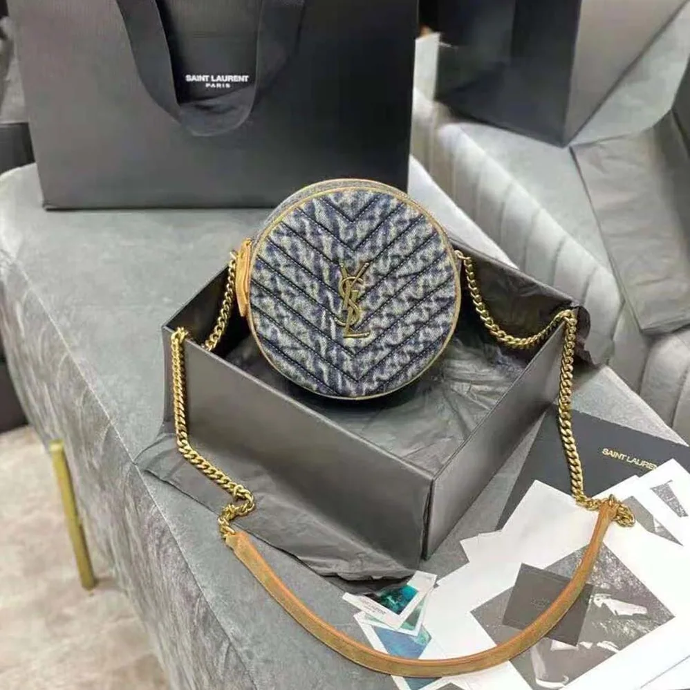 Saint Laurent YSL Vinyle Round Camera Bag in Chevron for Women in Quilted Denim and Suede Saint Laurent YSL Vinyle Round Camera Bag in Chevron for Women in Quilted Denim and Suede