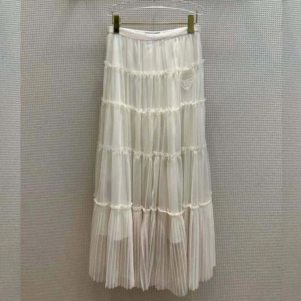Prada Long Pleated Tulle Skirt for Women in White