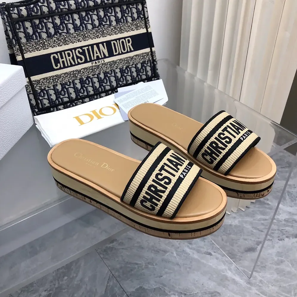 Dior Dway Platform Slide Natural Raffia and Black Embroidered Cotton for Women