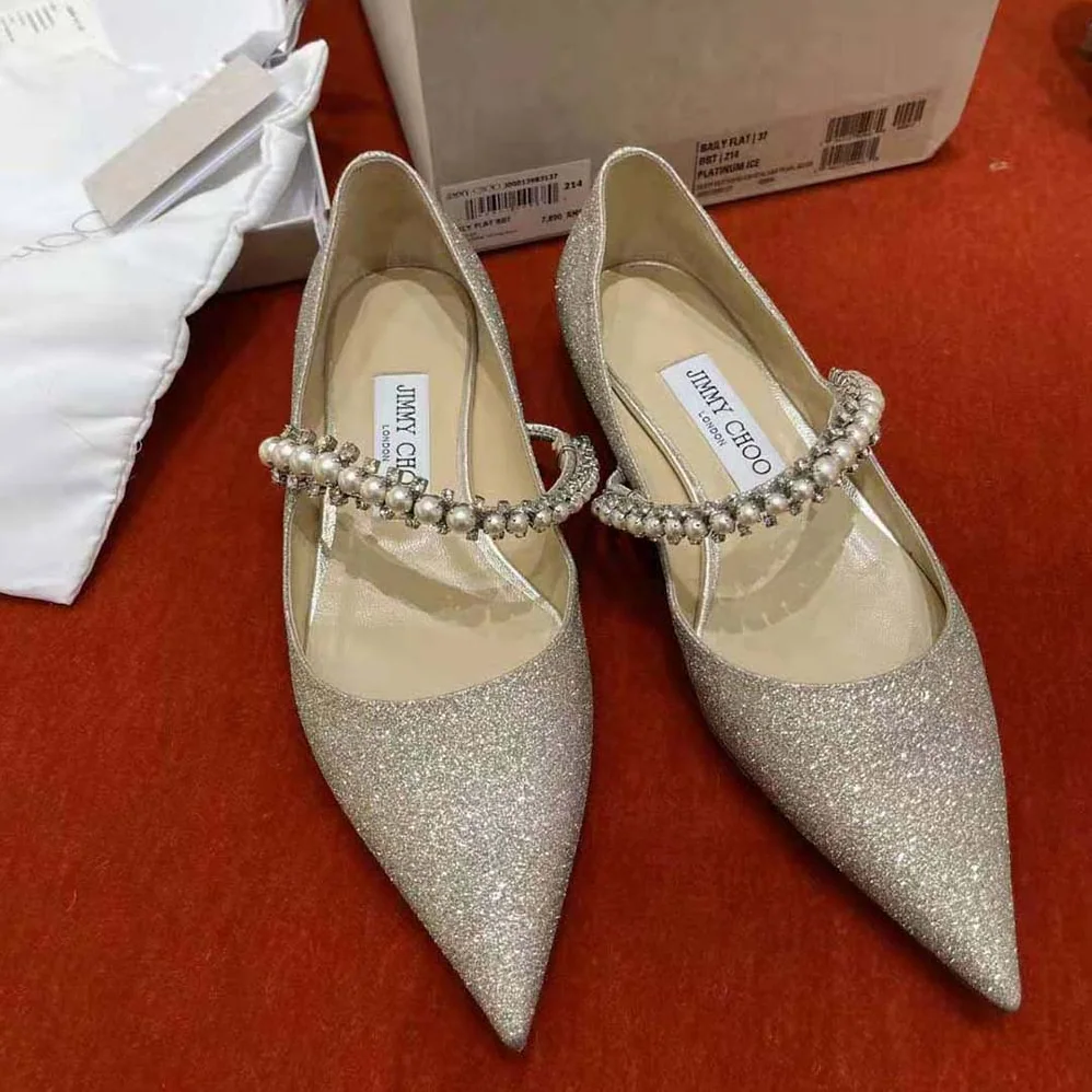 Jimmy Choo Baily Flat Platinum Ice Dusty Glitter Flats with Crystal and Pearl Strap for Women Jimmy Choo Baily Flat Platinum Ice Dusty Glitter Flats with Crystal and Pearl Strap for Women