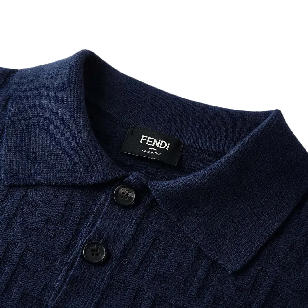Fendi Dark Blue Cotton Tricot Polo Shirt for Men