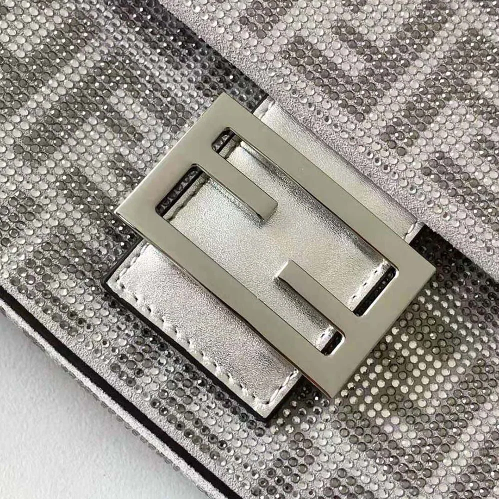 Fendi Baguette Silver Leather Bag with Crystal FF Motif for Women Fendi Baguette Silver Leather Bag with Crystal FF Motif for Women