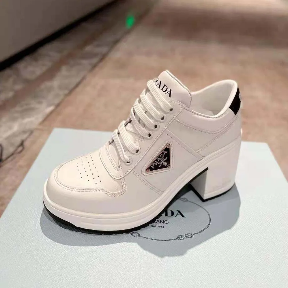 Prada Downtown High-Heeled Leather Sneakers for Women in White Prada Downtown High-Heeled Leather Sneakers for Women in White