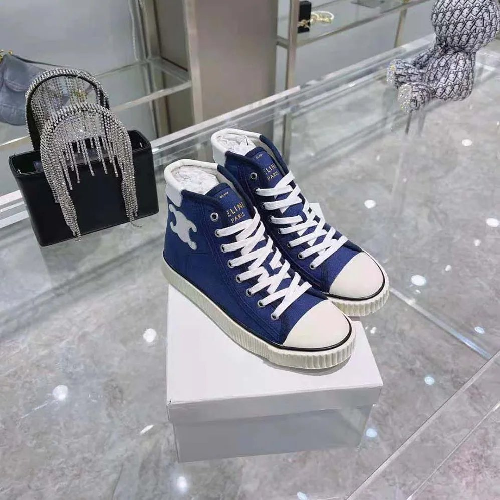Celine Blank Mid Lace up Sneaker with Toe Cap in Canvas and Calfskin for Women Celine Blank Mid Lace up Sneaker with Toe Cap in Canvas and Calfskin for Women