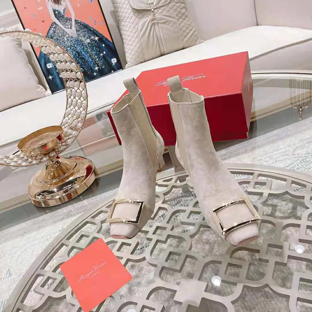 Roger Vivier Trompette Metal Buckle Chelsea Booties in Suede for Women in Beige Roger Vivier Trompette Metal Buckle Chelsea Booties in Suede for Women in Beige