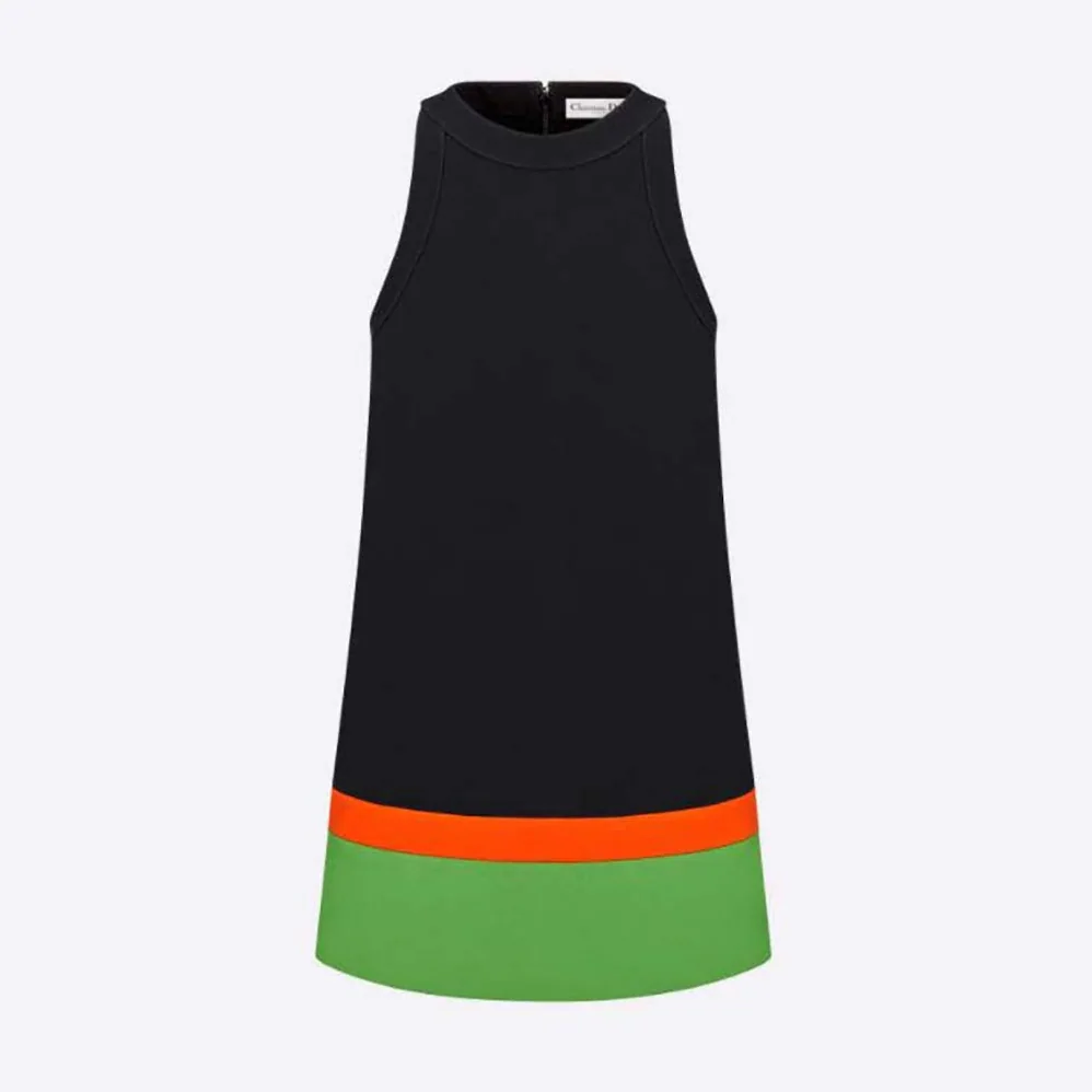 Dior Short A-line Dress Black Fluorescent Orange and Bright Green Wool and Silk for Women