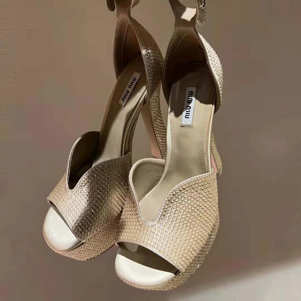 Miu Miu Satin Platform Sandals with Crystals for Women in Gold