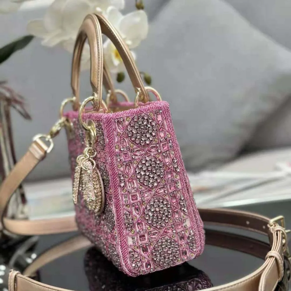 Dior Small Lady Dior Bag Metallic Calfskin and Satin with Rose Des Vents Resin Pearl Embroidery for Women Dior Small Lady Dior Bag Metallic Calfskin and Satin with Rose Des Vents Resin Pearl Embroidery for Women