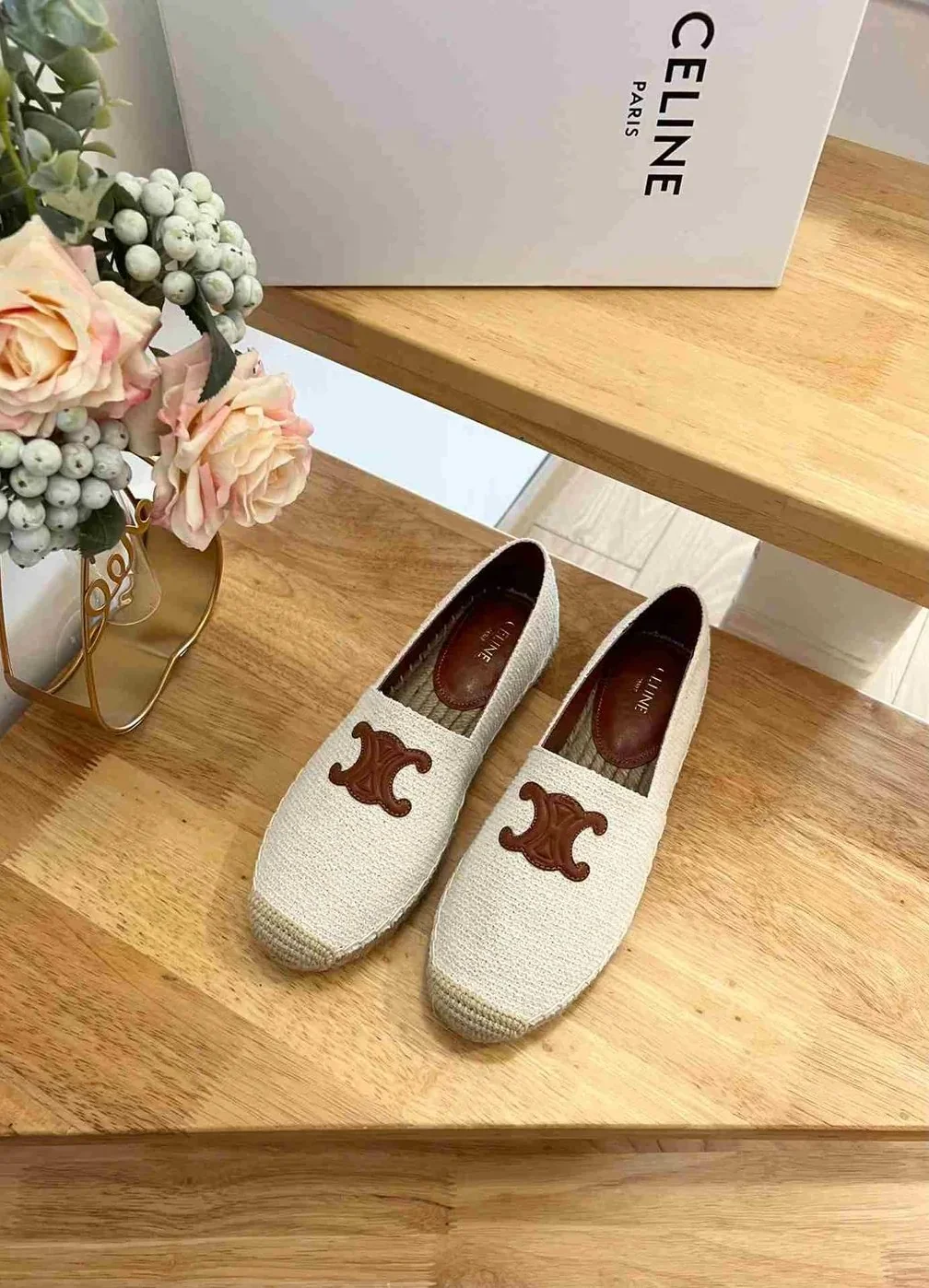 Celine Flat Espadrille With Triomphe Patch In Tweed White
