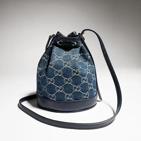 Gucci Bucket With Gucci Plaque Mini Shoulder Bag / Dark Blue Denim Palladium Hardware Gucci Bucket With Gucci Plaque Mini Shoulder Bag / Dark Blue Denim Palladium Hardware