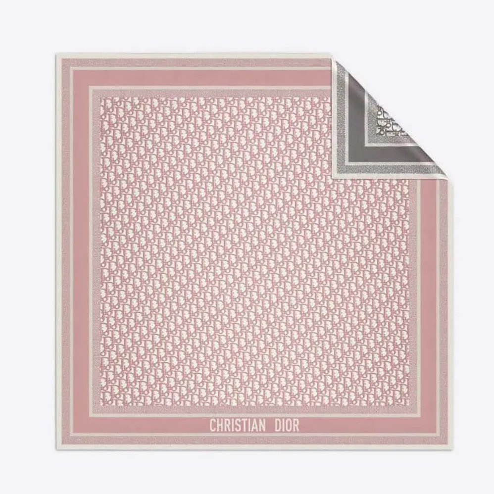 Dior Oblique Diortwin Square Scarf Rose Des Vents and Gray Silk Twill for Women