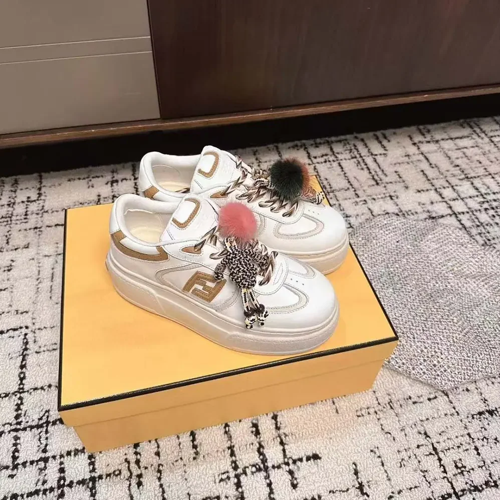 Fendi Match Low Top Platform Shoes In White Leather With Charm for Women