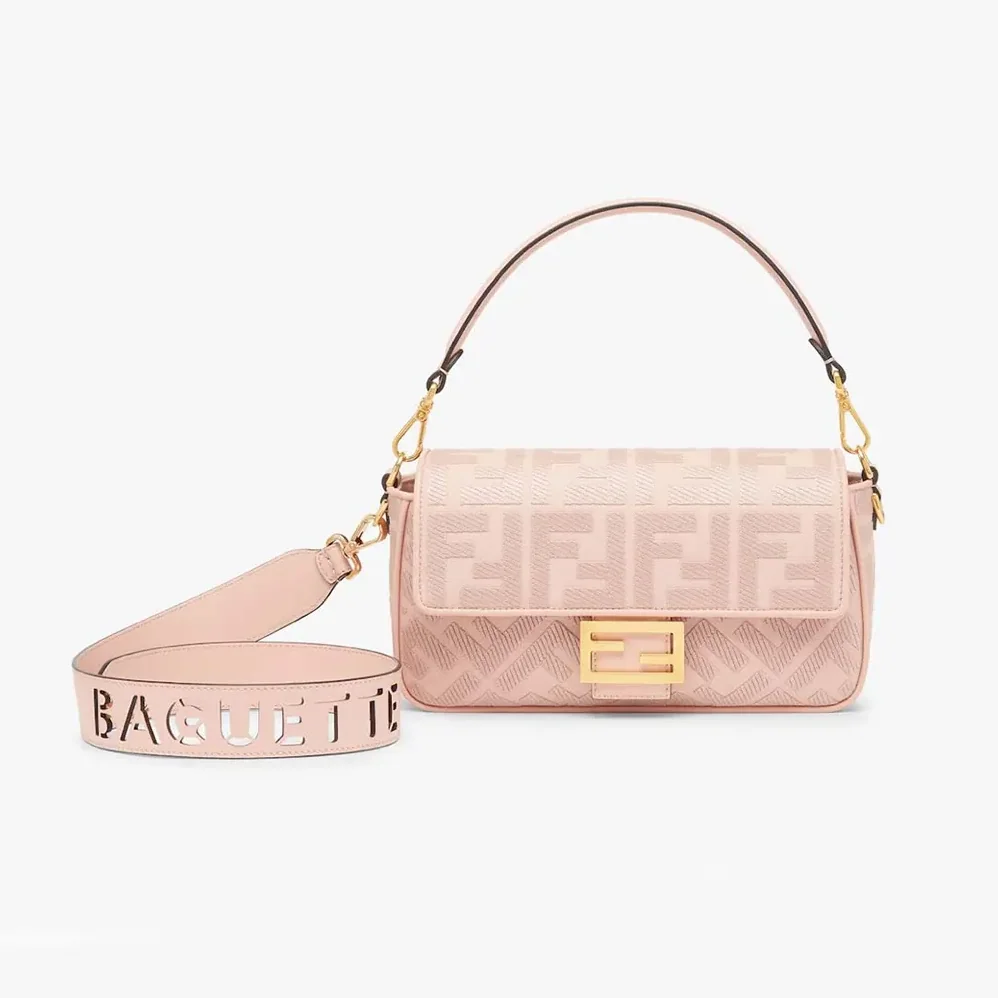 Fendi Baguette Light Pink Denim Bag with FF Embroidery for Women