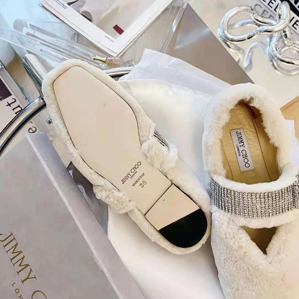 Jimmy Choo Krista Flat Teddy Faux Fur Flats with Crystal for Women in Embellished Strap