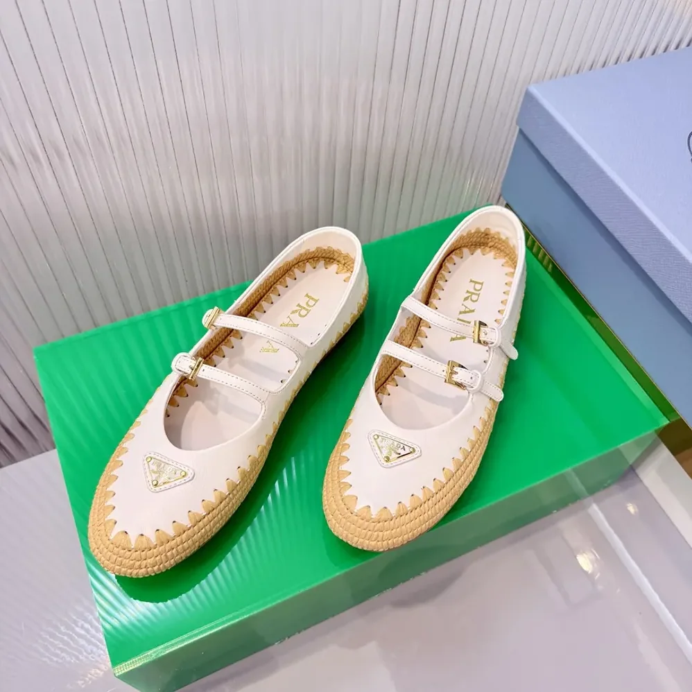Prada Nappa Leather And Raffia Ballerinas for Women in White