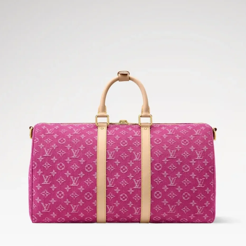 Louis Vuitton Keepall Bandouliere 45 Travel Bag in Fuchsia Denim Gold Hardware