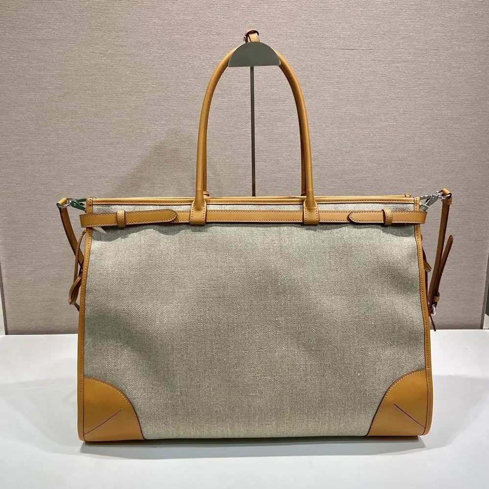 Prada Bonnie Linen and Leather Tote Bag for Unisex Prada Bonnie Linen and Leather Tote Bag for Unisex