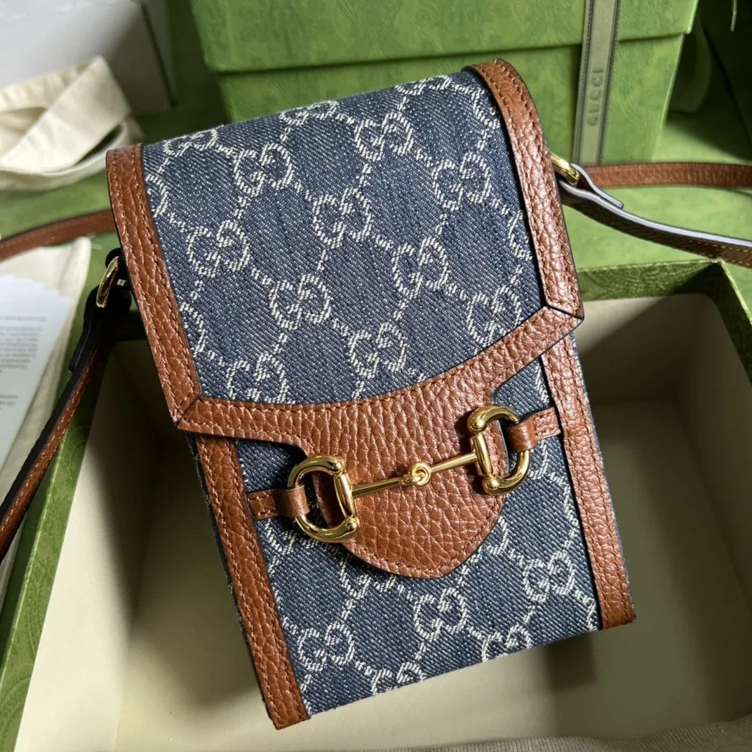 Gucci Horsebit 1955 Mini Bag Blue And Ivory GG Denim Jacquard /