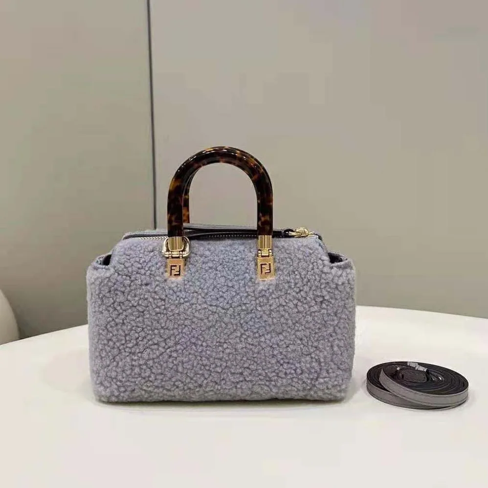 Fendi By The Way Mini Light Gray Sheepskin Small Boston Bag for Women Fendi By The Way Mini Light Gray Sheepskin Small Boston Bag for Women